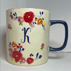 Home Essentials Floral Mug with Blue Handle Monogramed with a “K”